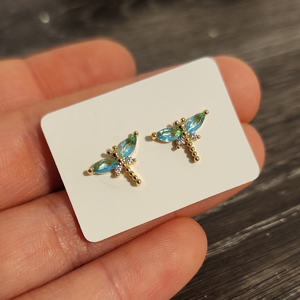 Gold  Toned Dragonfly Earrings with Blue CZ Stone Accents